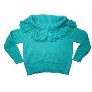 Rock & Roll Cowgirl Women's XL Fringe Cowl Neck Chunky Knit Sweater Turquoise